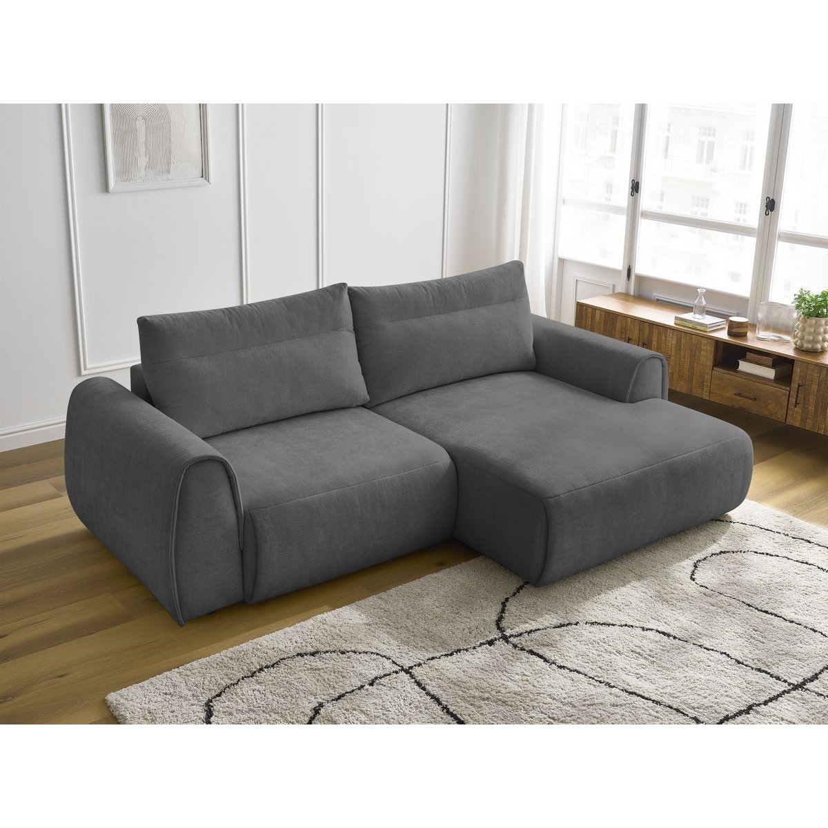 Canapé d'angle fixe compact 3 places tissu lisse, ADEN gris foncé, BOBOCHIC