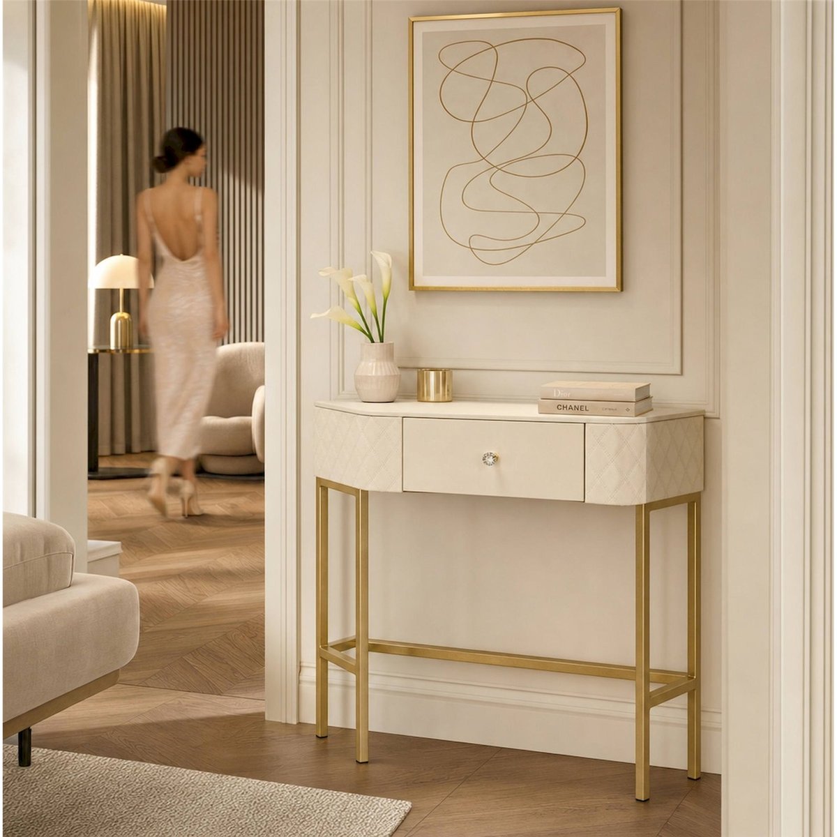 Console capitonnée bouton bijou GLAM blanc et doré, RECOLLECTION