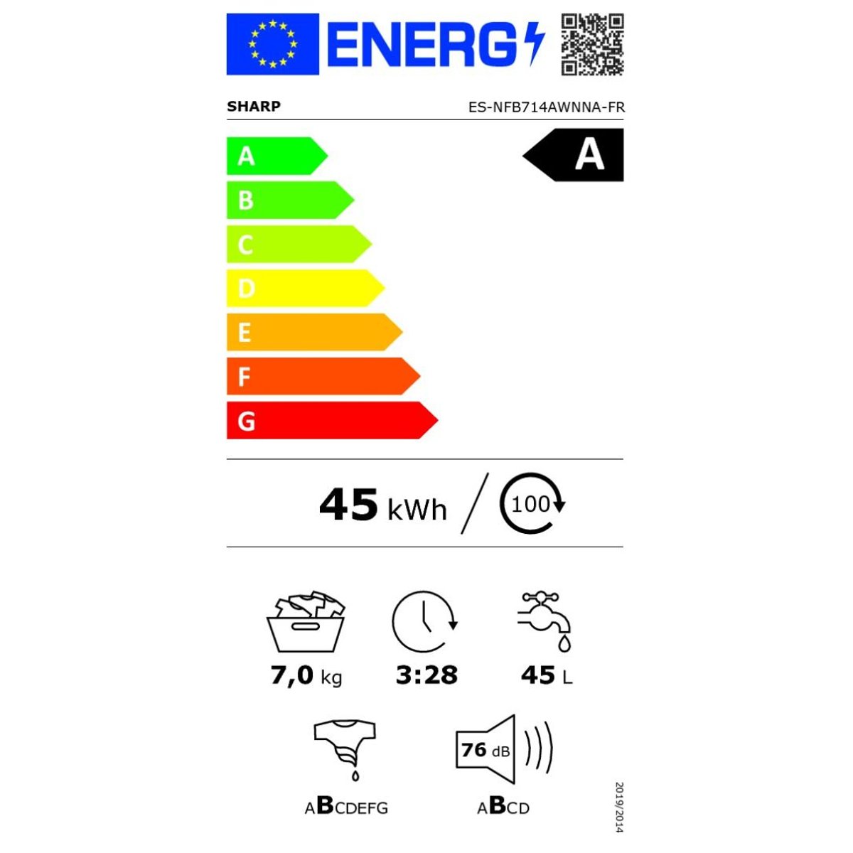 Lave linge frontal ES-NFB714AWNNA-FR blanc, SHARP