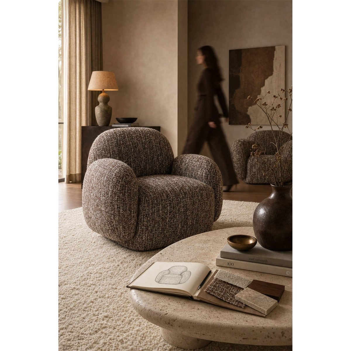 Fauteuil lounge enveloppant en tissu texturé terra magic, RECOLLECTION