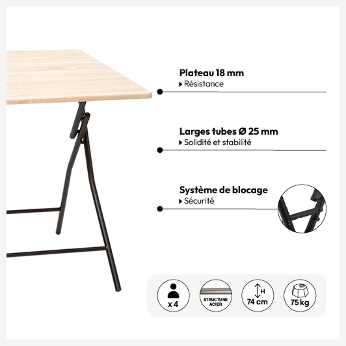 Table pliante 4 places en acier avec repose-pieds beige, 5FIVE SIMPLY SMART