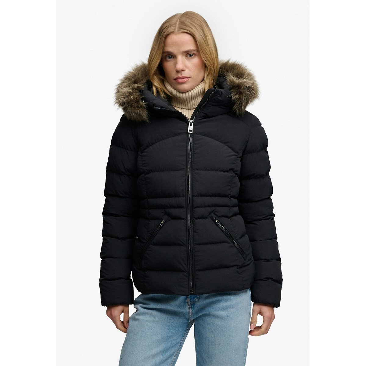Chaqueta acolchada con capucha de pelo Fuji negro, SUPERDRY
