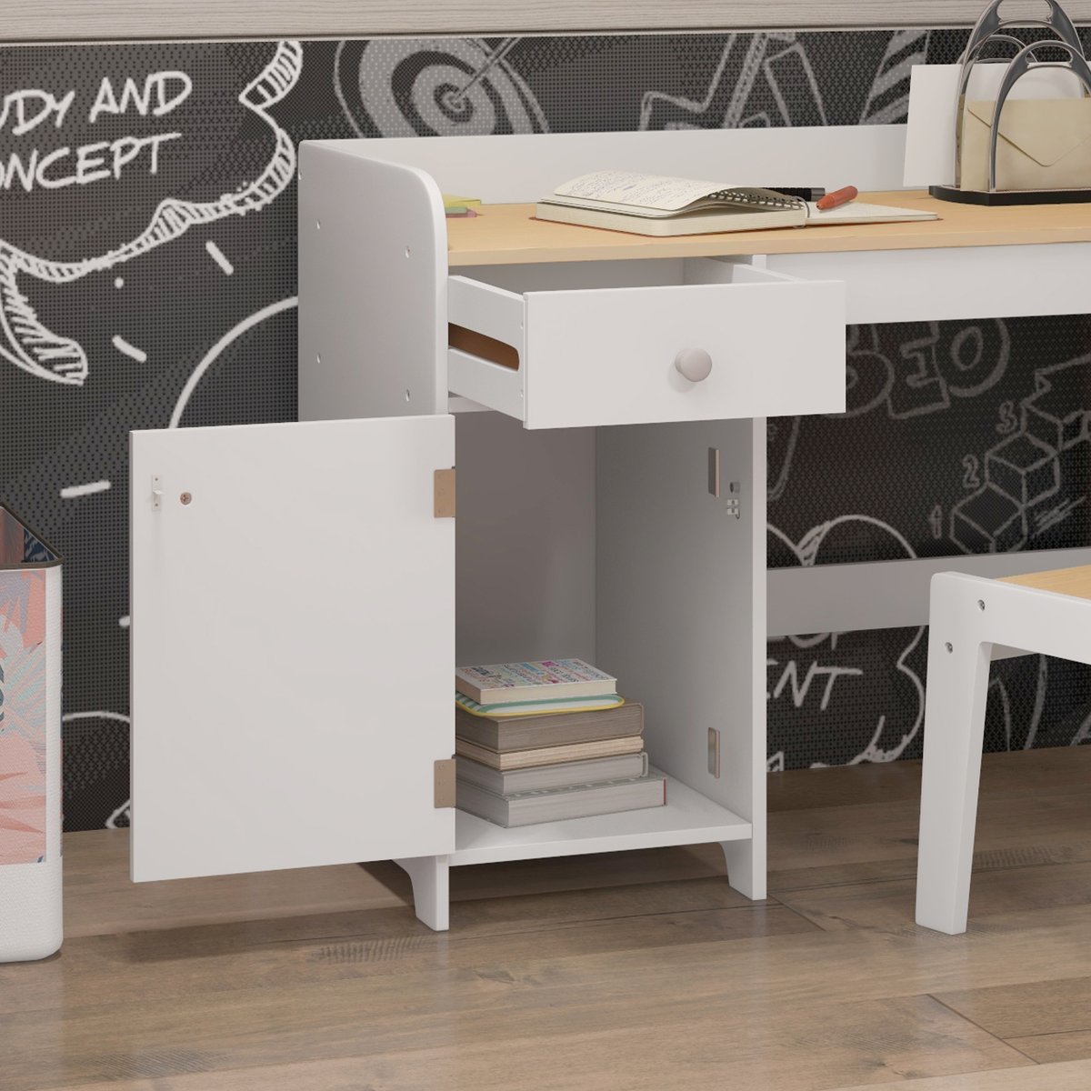 Bureau d'étude pour enfants avec chaise MDF blanc et bois clair, ZONEKIZ