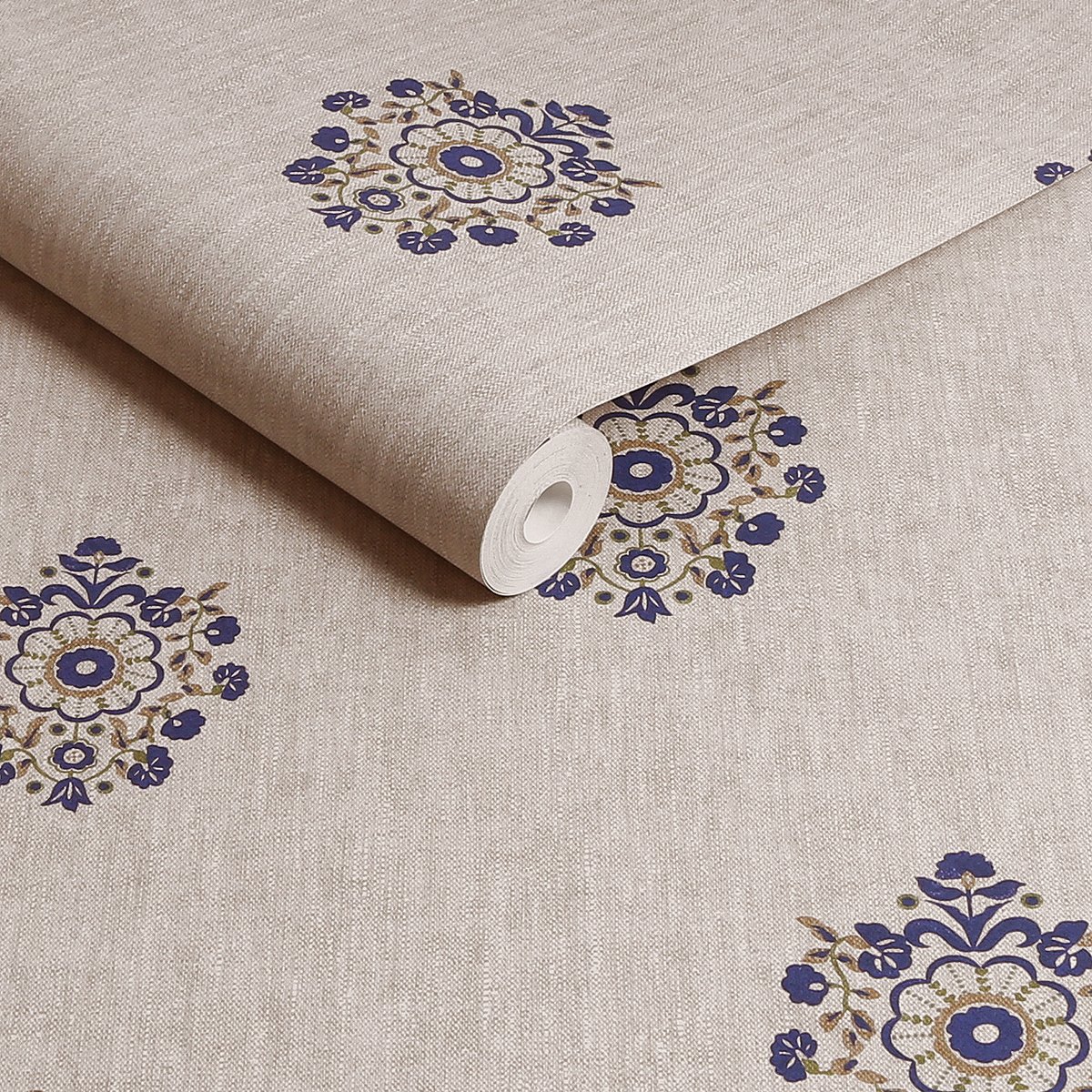 Papier peint Blasons fleuris bleu, gris, JOULES
