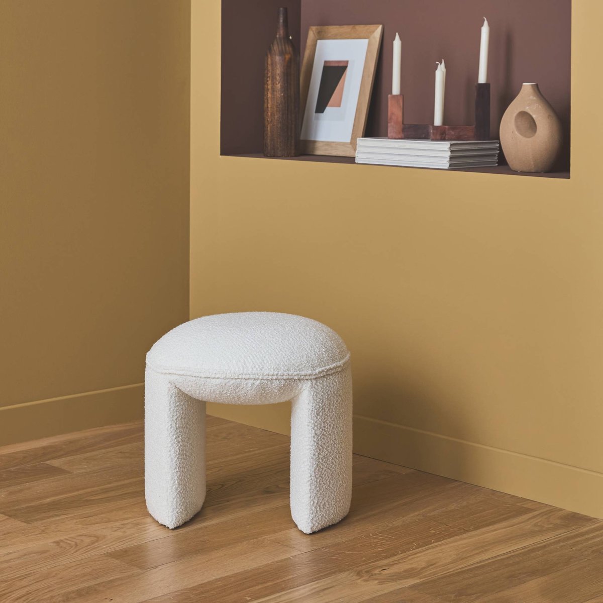 Tabouret, pouf bouclette texturée SHAWN blanc, SWEEEK