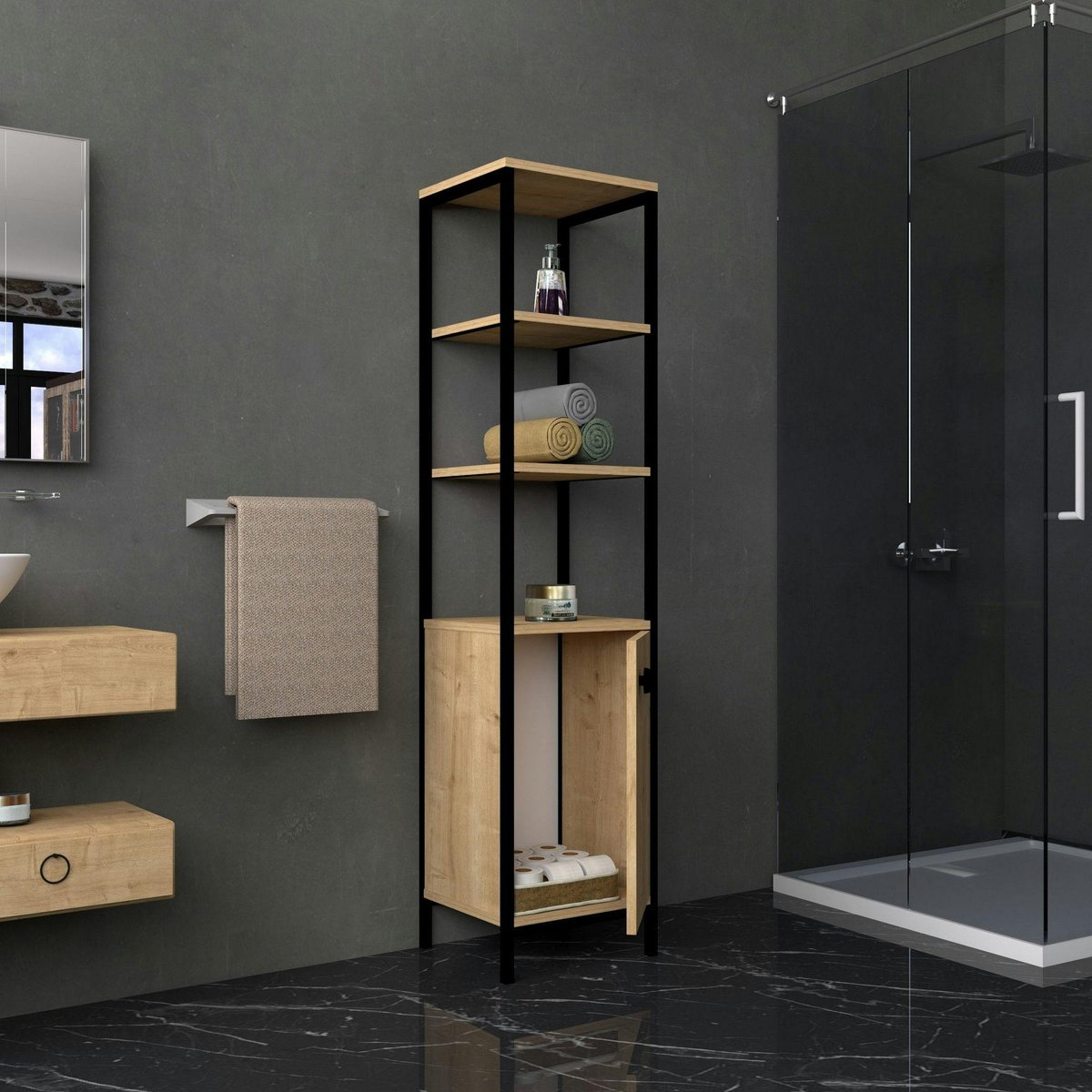 Colonne salle de bains effet chêne 1 porte 3 étagères JENA bois naturel, PIER IMPORT