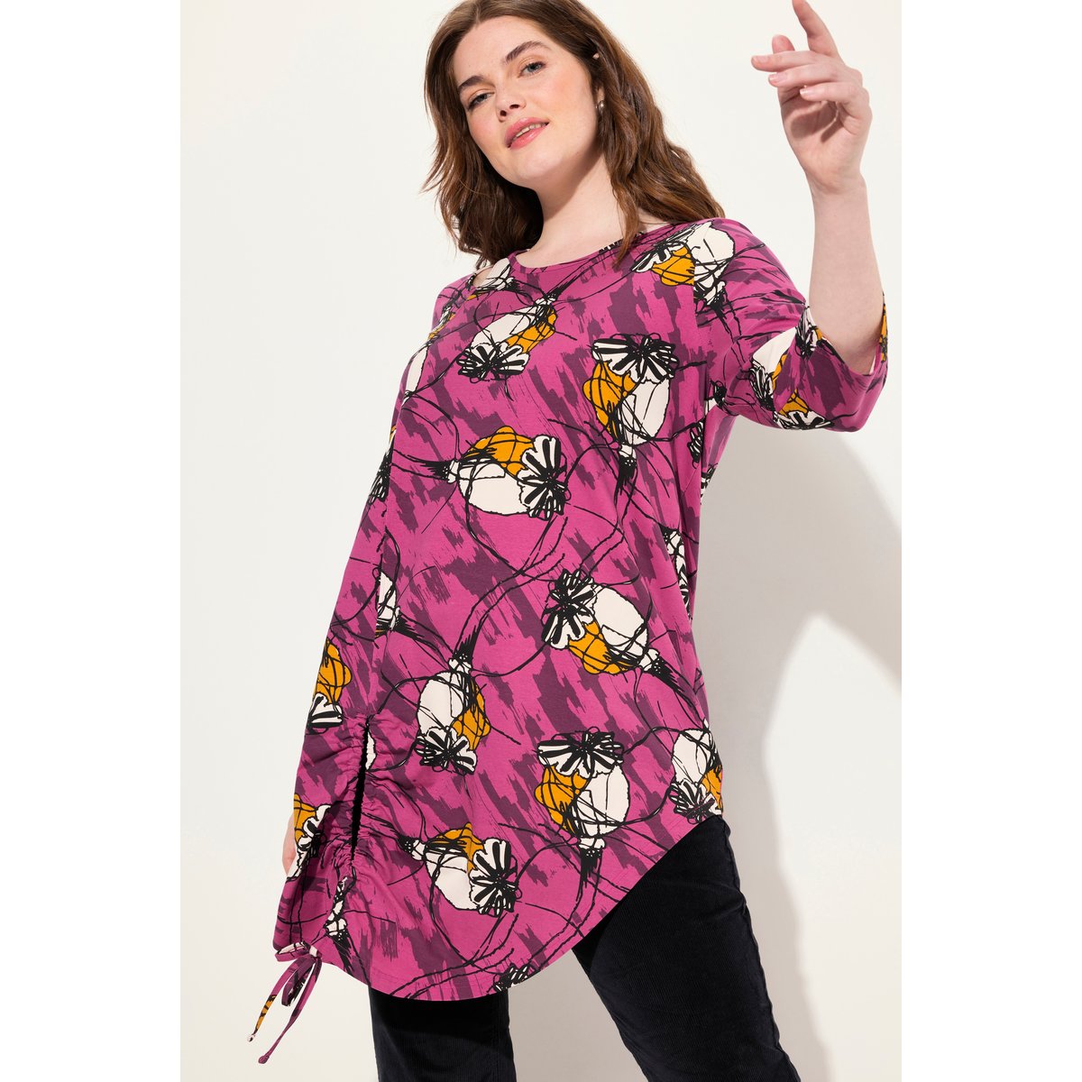 T-shirt long en coton bio. Col rond fuchsia, ULLA POPKEN