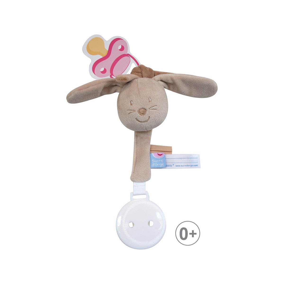 Attache tetine lapin velours doux beige beige, SUCRE D'ORGE