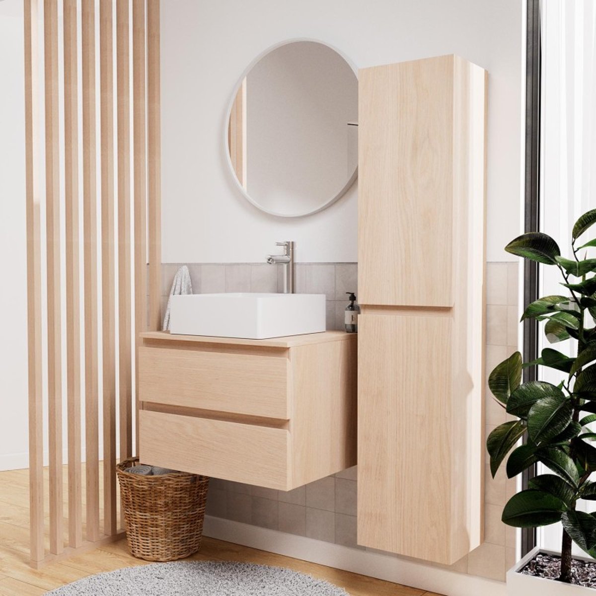 Ensemble meuble simple vasque 60 cm + vasque + robinet + miroir + colonne SORRENTO chêne, MOB IN