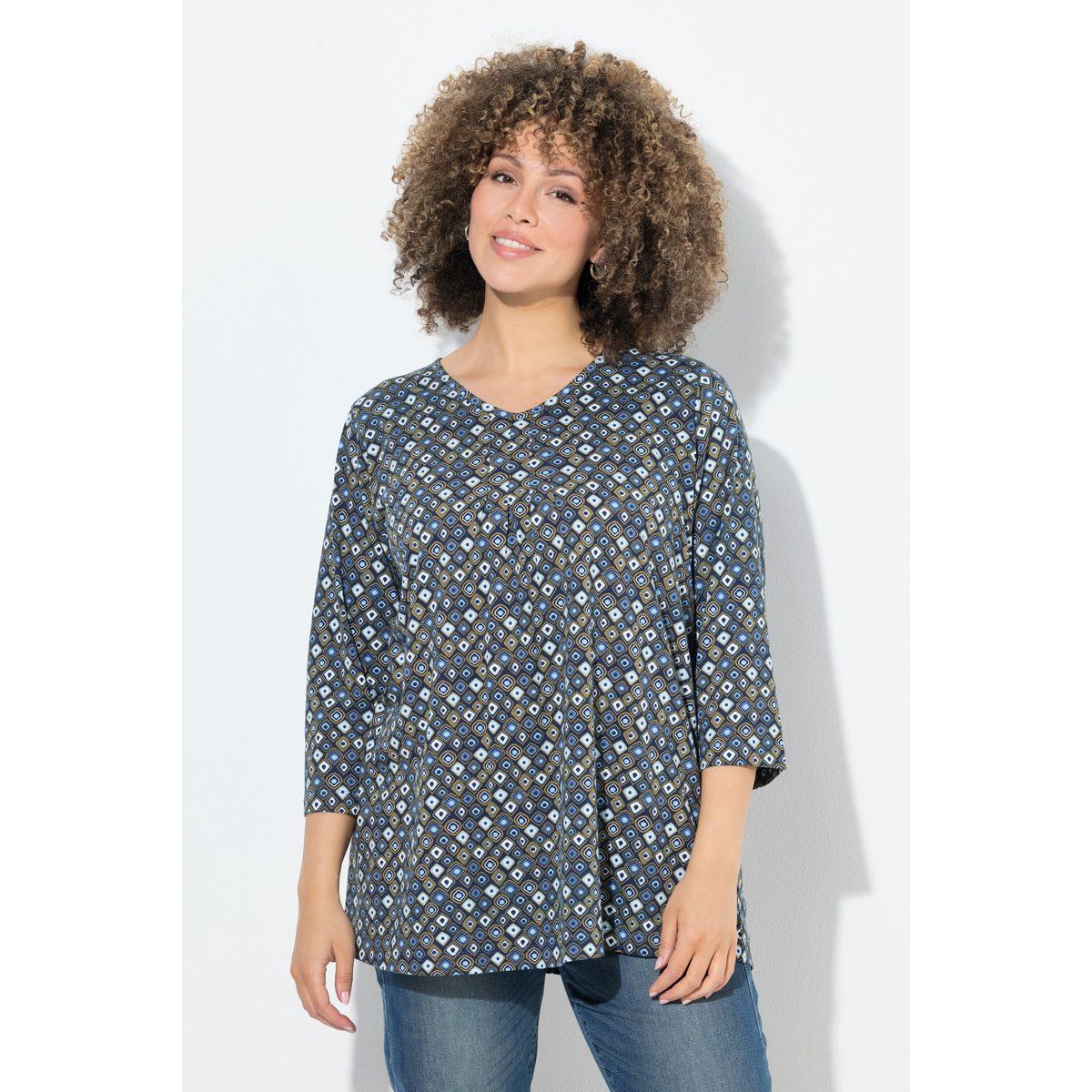 T-shirt à col en V et manches 3/4 bleu encre, ULLA POPKEN