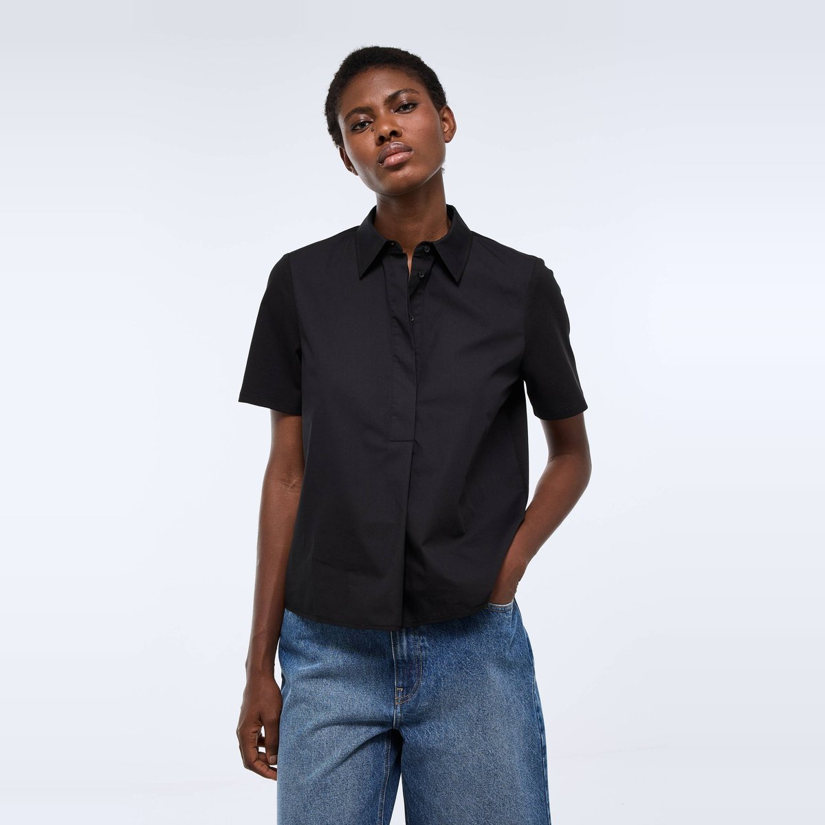 Chemise polo manches courtes en coton bi-matière noir, MONOPRIX