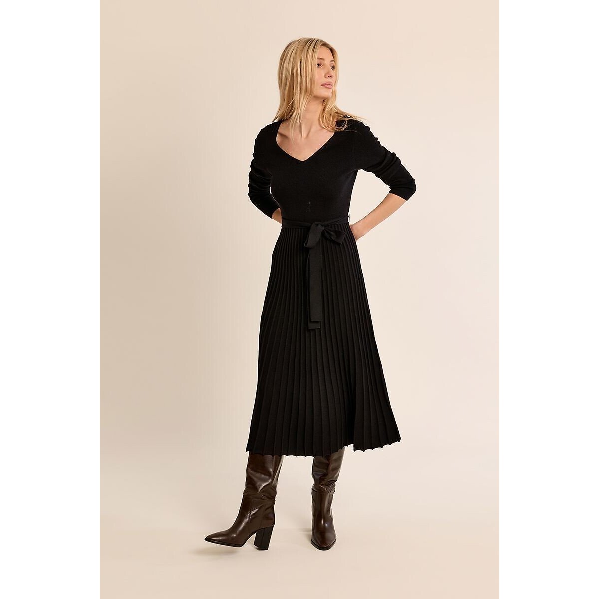Abito lungo in maglia con cintura nero , MOLLY BRACKEN