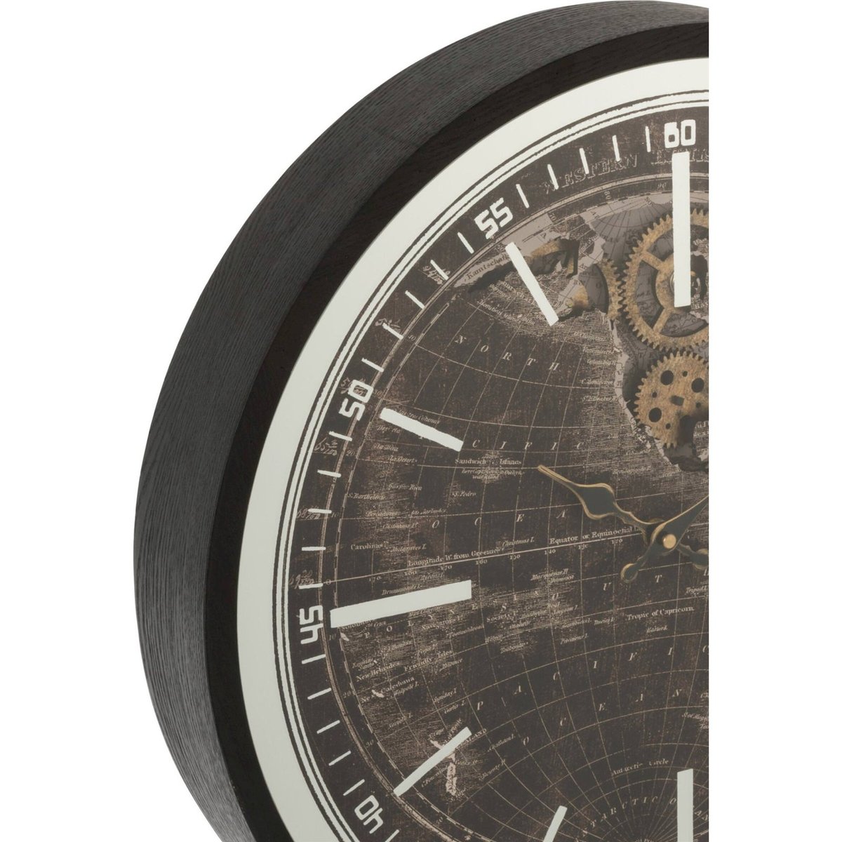 Horloge murale mappemonde vintage effet bois noir et or antique, RECOLLECTION