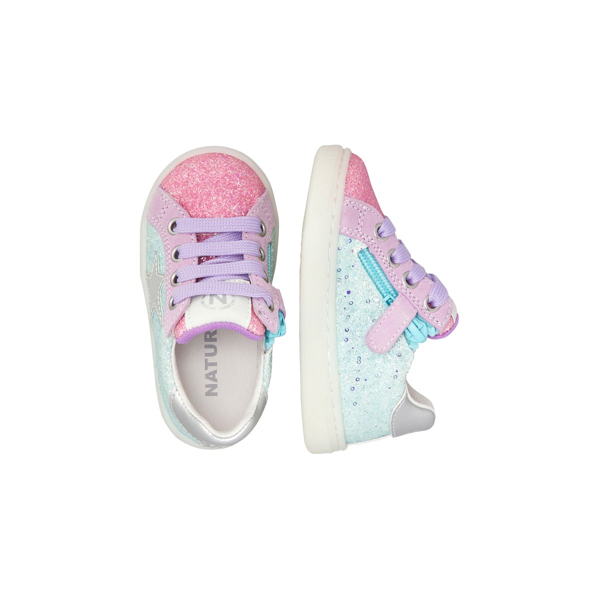 Sneakers en daim et cuir pailleté PINN ZIP. rose-lilas, NATURINO