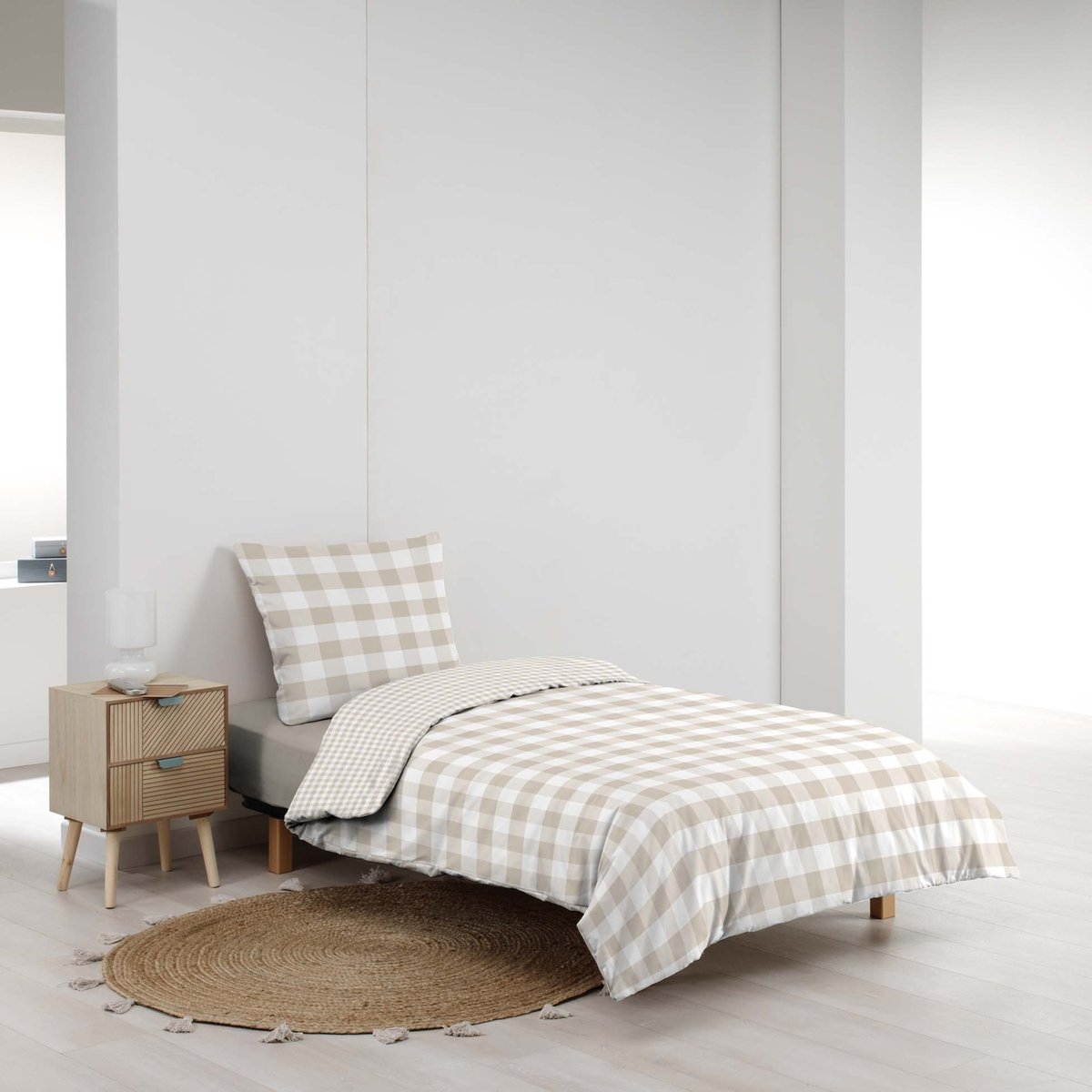 Parure de lit 2 pièces 100 % coton imprimé à carreaux housse + taie naturel, DOUCEUR D'INTÉRIEUR