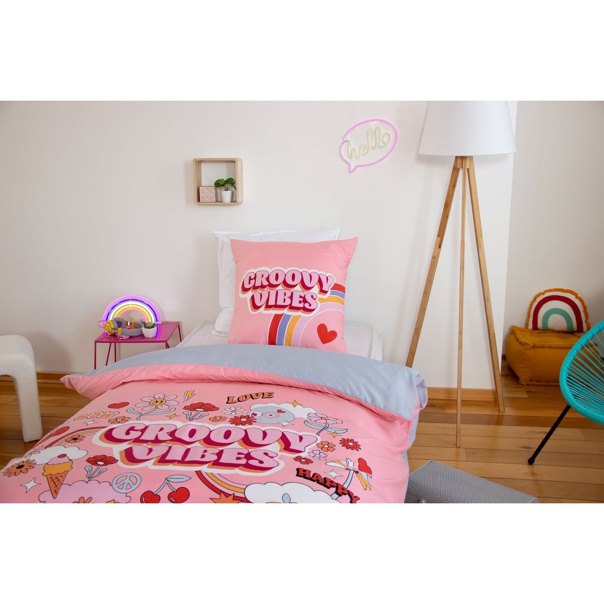 Parure de lit enfant en polyester motif coloré fun GROOVY VIBES rose, TOILINUX