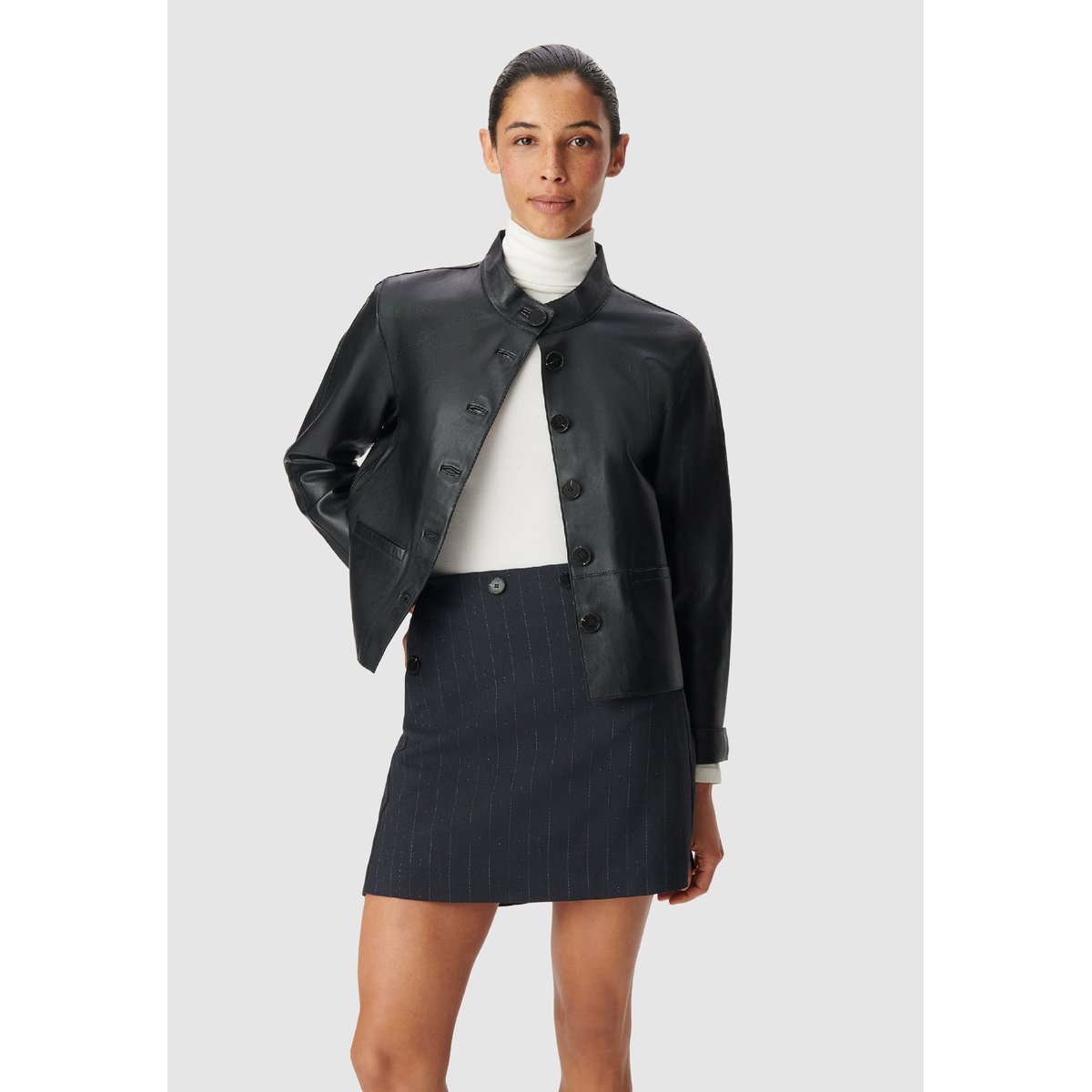 Veste cuir col montant noir, IKKS