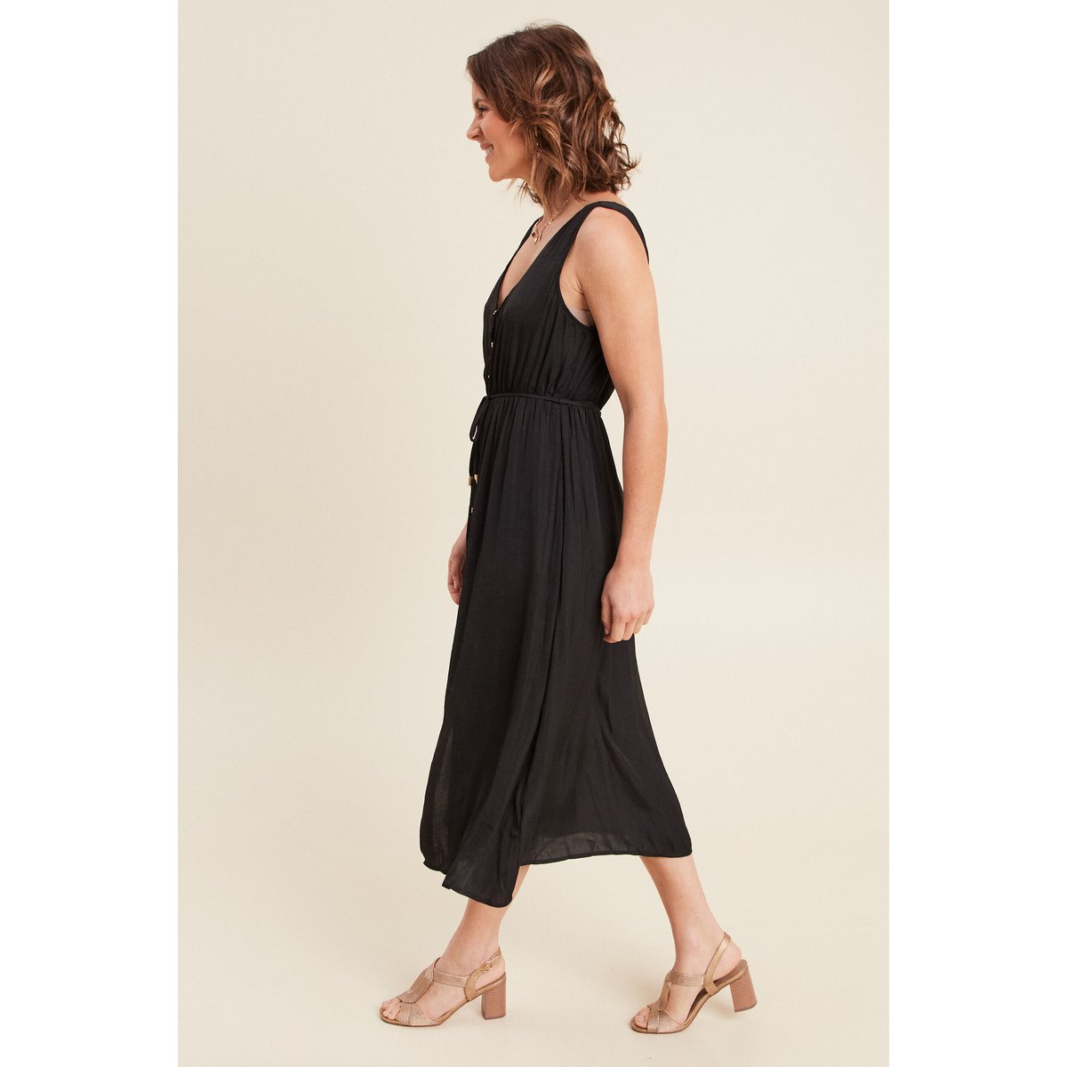 Robe midi évasée satin noir, BREAL