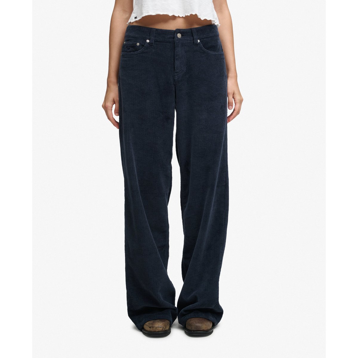 Pantalon en Velours Côtelé Large Taille Moyenne bleu marine éclipse, SUPERDRY