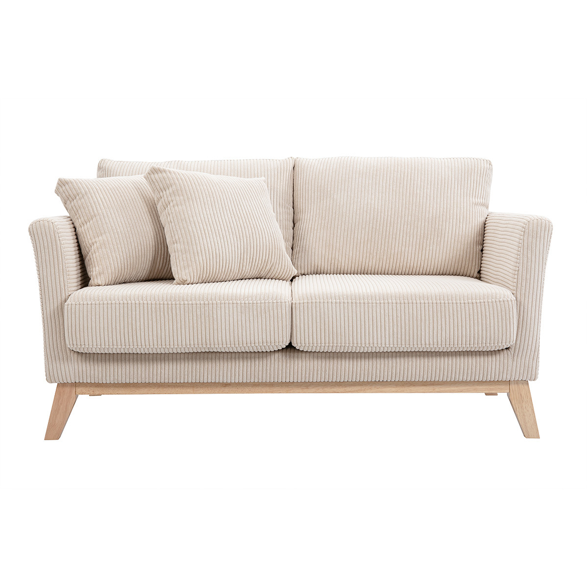 Canapé scandinave déhoussable 2 places en tissu velours côtelé beige et bois clair OSLO beige, MILIBOO