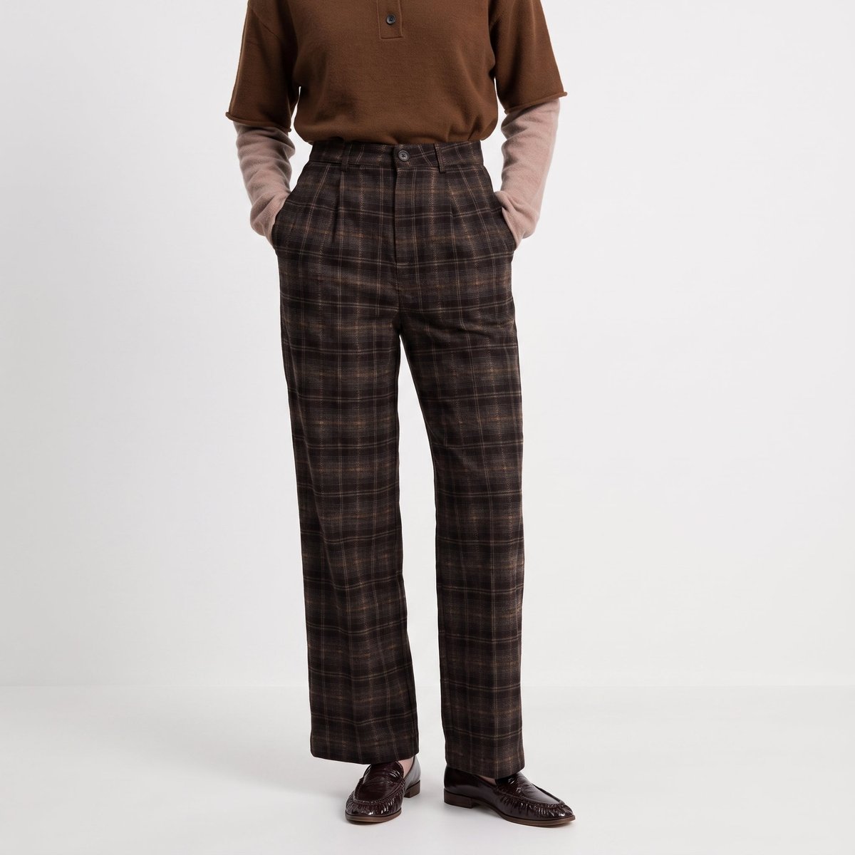 Pantalon femme large carreaux taille haute plis marqués ERAURA brown, ARTLOVE