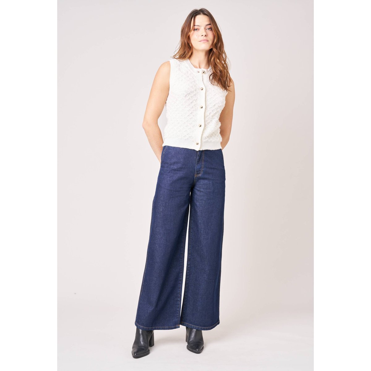 Gilet sans manches femme maille texturée MADRINA off white, DEELUXE