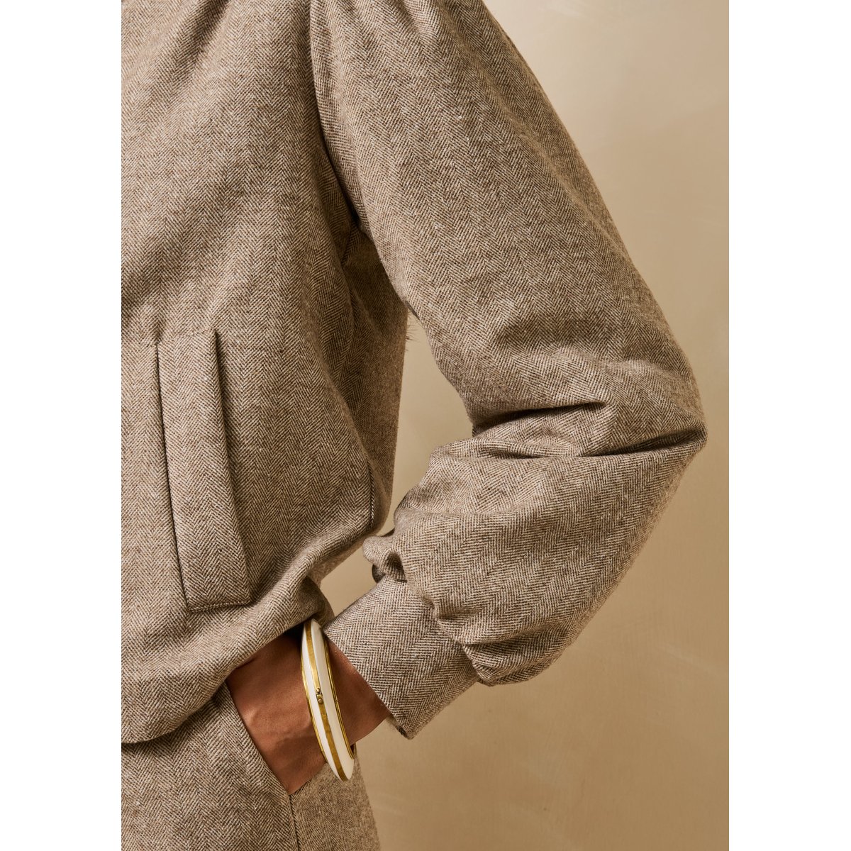 Veste en tweed manches longues col montant greige, LA FEE MARABOUTEE