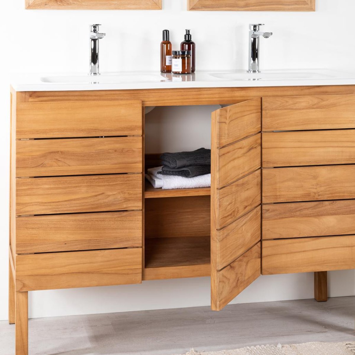 Meuble salle de bain en teck et céramique 120 cm ANANTA blanc, WANDA COLLECTION