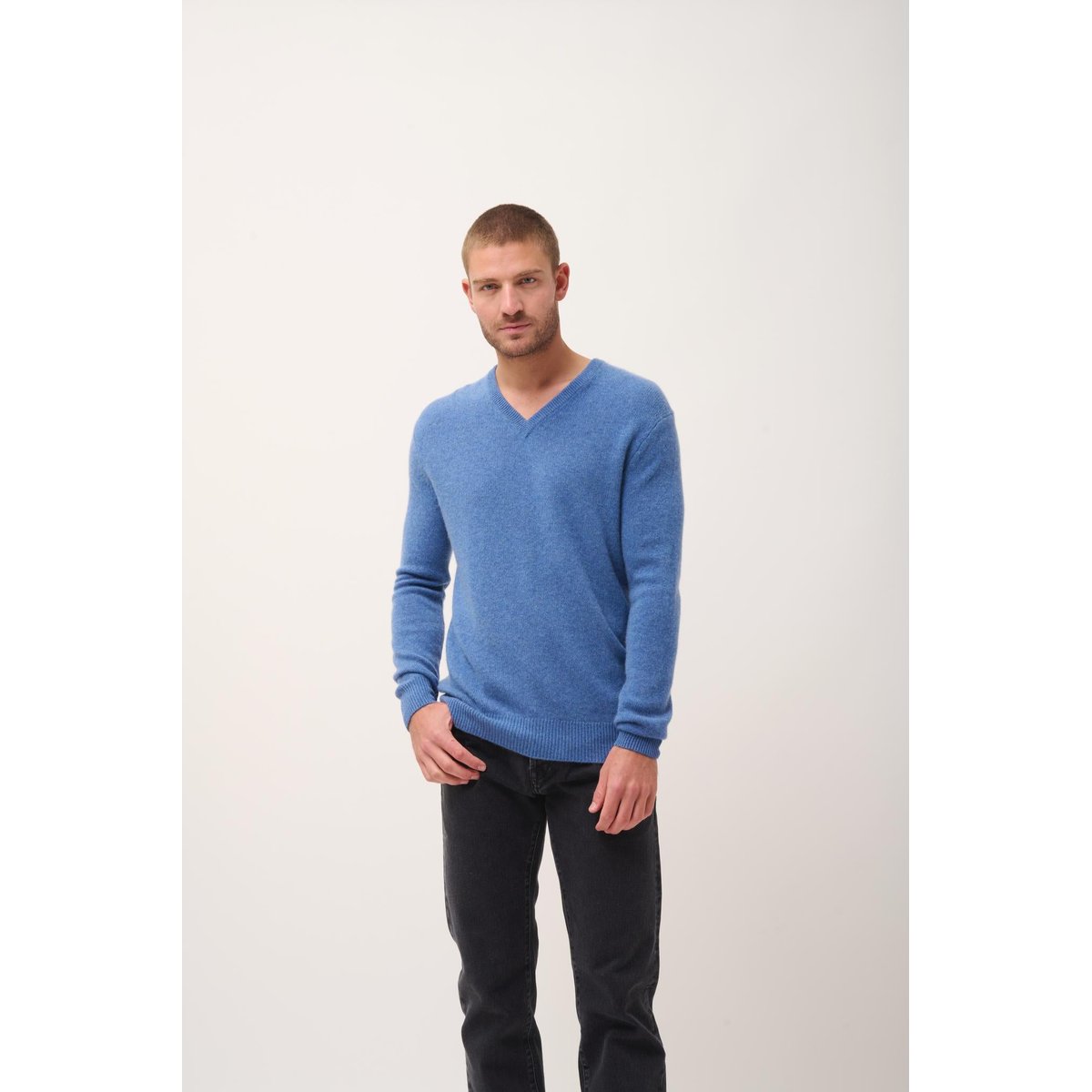 Pull Col V 4 Fils Bleu Denim Nathan bleu denim, JUST CASHMERE