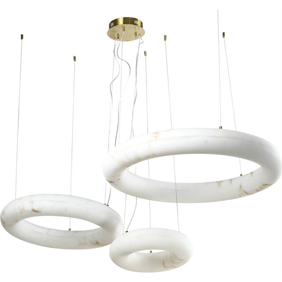 Chandelier sculptural à trois anneaux blanc marbré et finition dorée, RECOLLECTION