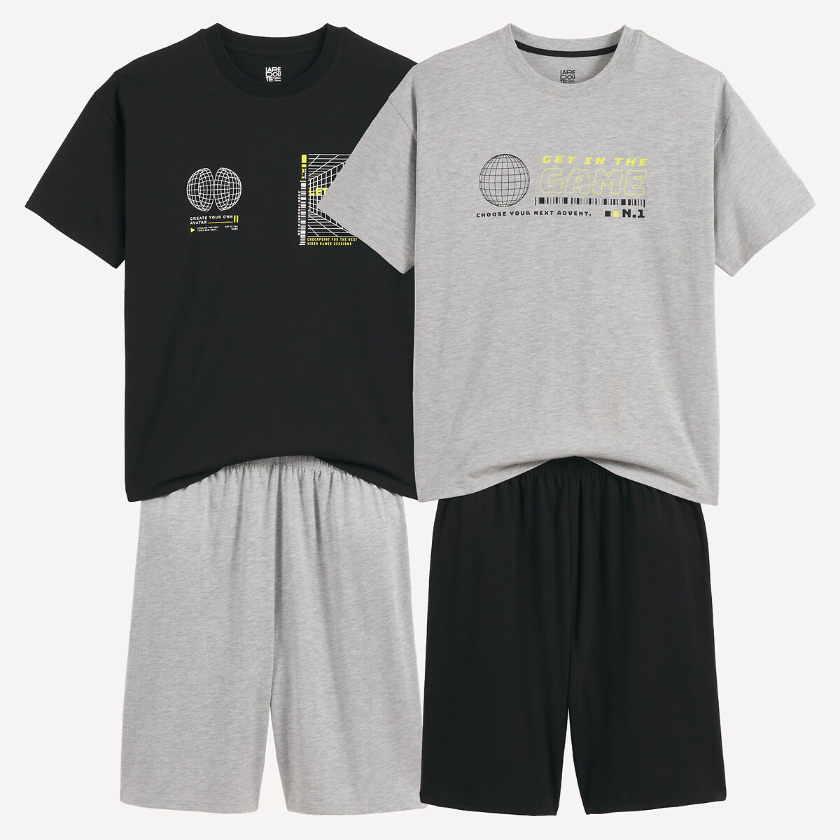 Lot de 2 pyjashorts, en jersey, motifs game gris chiné + noir, LA REDOUTE COLLECTIONS