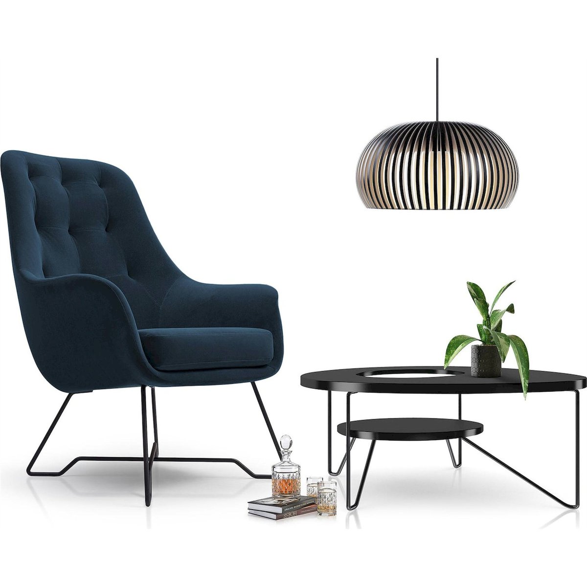 Fauteuil cabriolet capitonné en velours bleu pétrole castel, RECOLLECTION