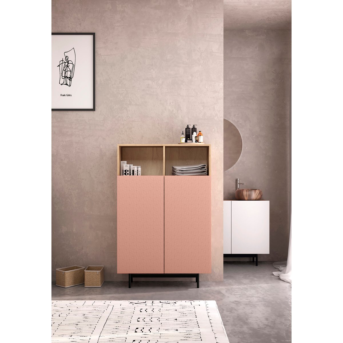 Buffet L portes sérigraphie, PRINTED chêne clair-rose, HERDASA