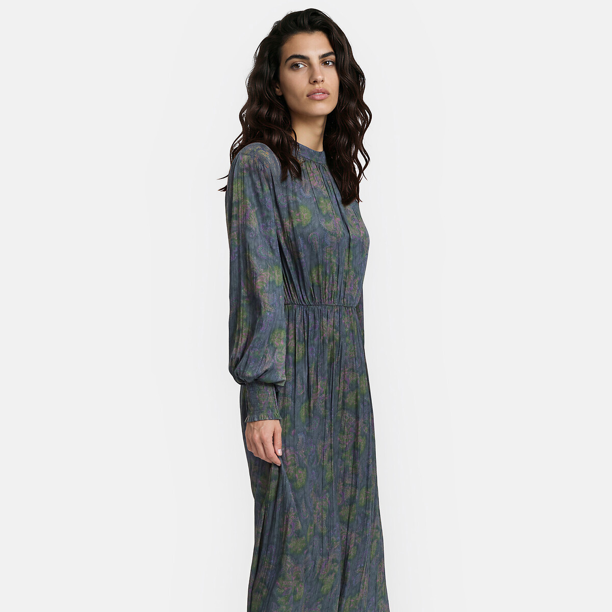 Abito lungo, maniche lunghe, stampa cachemire fantasia fondo kaki, LA REDOUTE COLLECTIONS