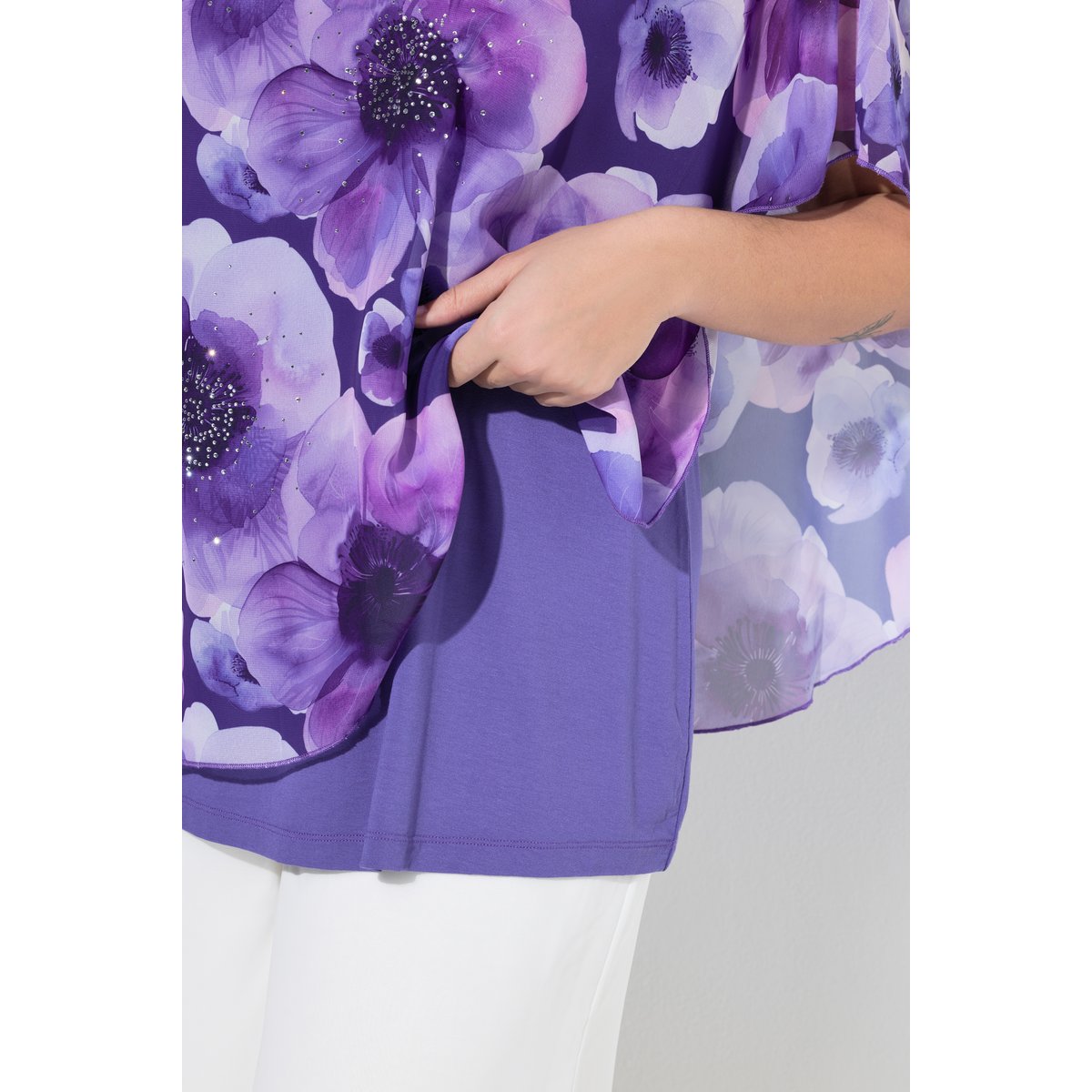 Blouse à fleurs en mousseline doublée violet, ULLA POPKEN