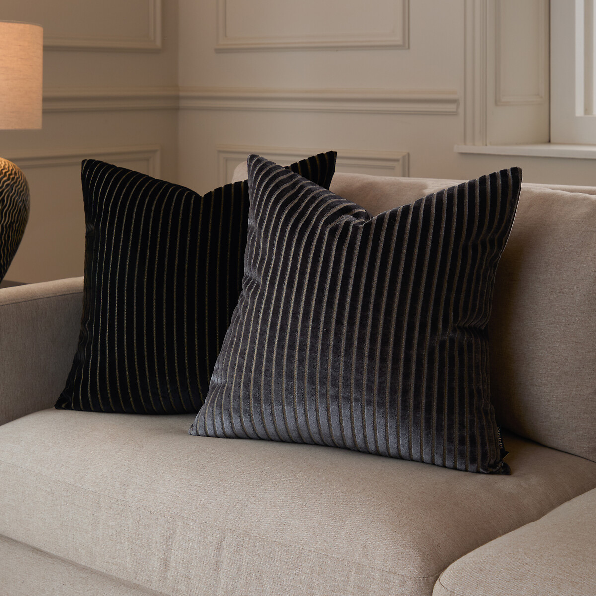 Savoy Stripe Velvet Cushion charcoal, PAOLETTI