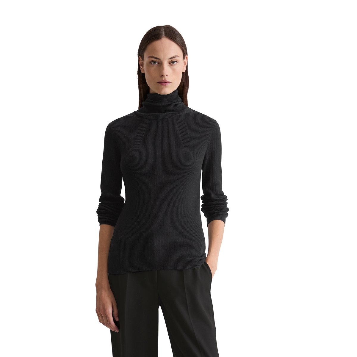 Pull à col roulé slim en coton organique noir, MARC O'POLO