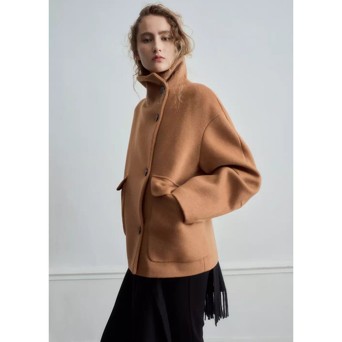 Manteau laine mélangée col cheminée marron moyen, MANGO