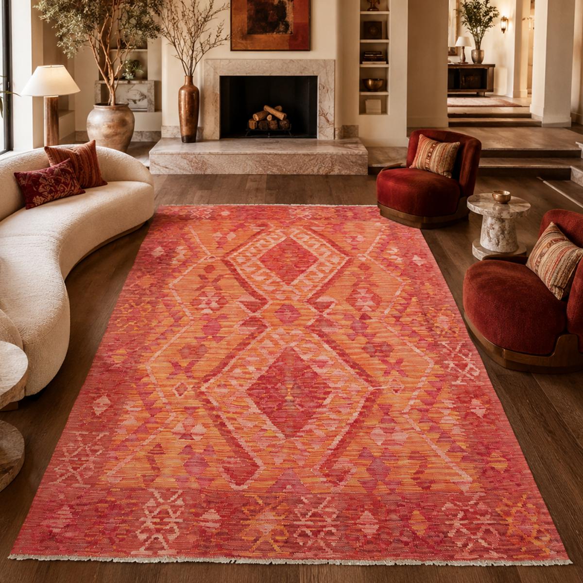 Tapis kilim, motif ethnique, tissé plat en laine, KILIM 97 orange, rose, rouge, UN AMOUR DE TAPIS