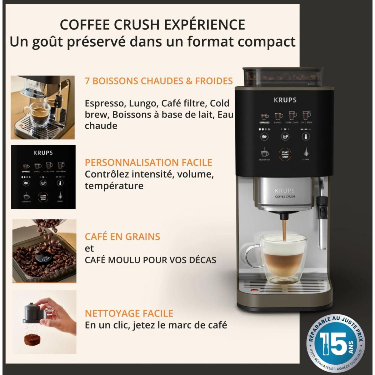 Expresso Broyeur Coffee Crush Experience, Machine à café à grains ultra compacte SA403BE0 couleur unique, KRUPS
