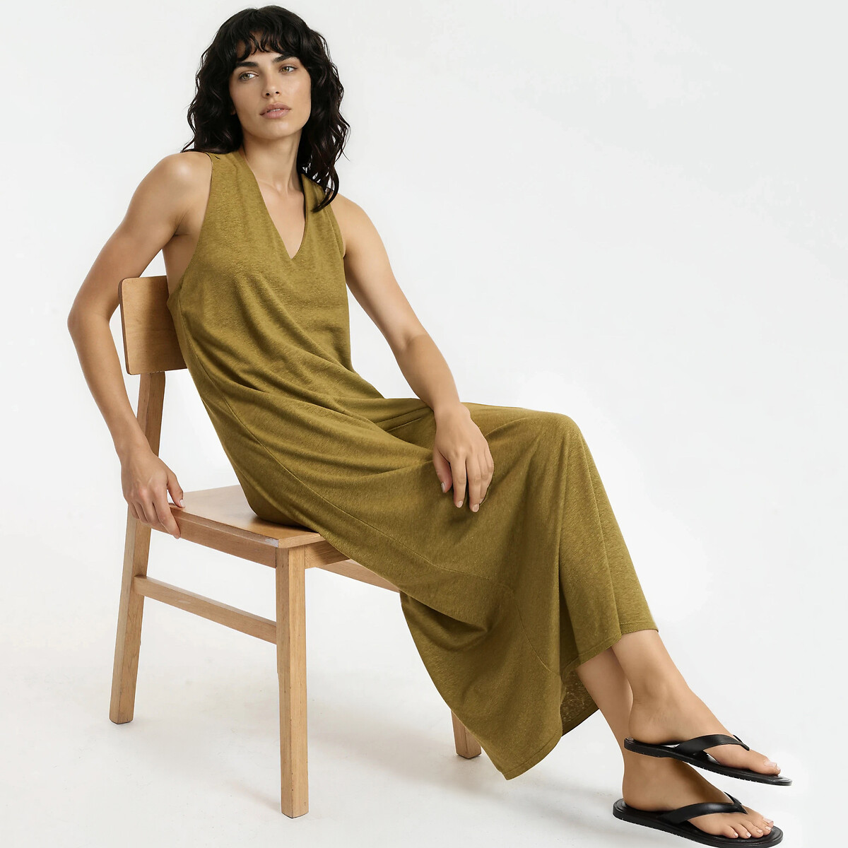 Robe longue sans manches en lin et viscose vert, LA REDOUTE COLLECTIONS