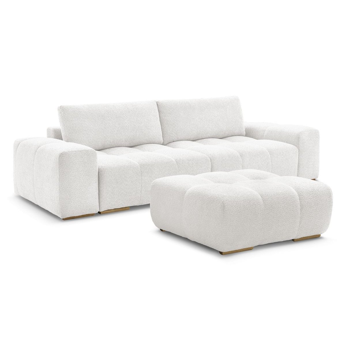 Canapé droit fixe 4 places en tissu bouclette avec pouf, ANAKIN blanc, BOBOCHIC