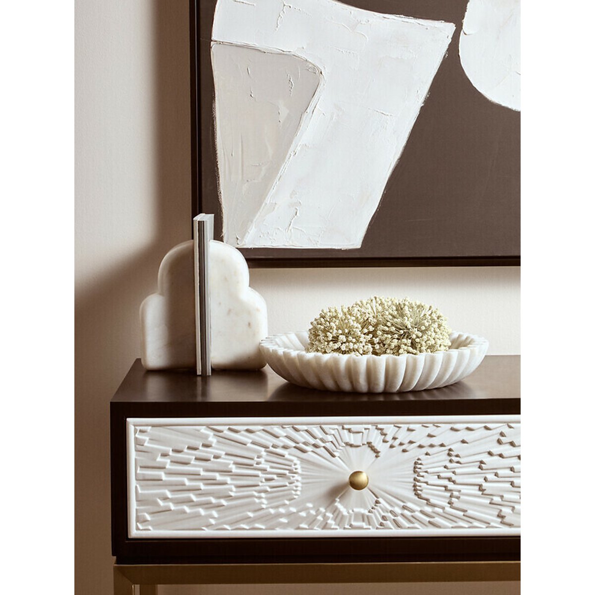 Large Decorative Fluted Marble Bowl in White white, FIFTY FIVE SOUTH
