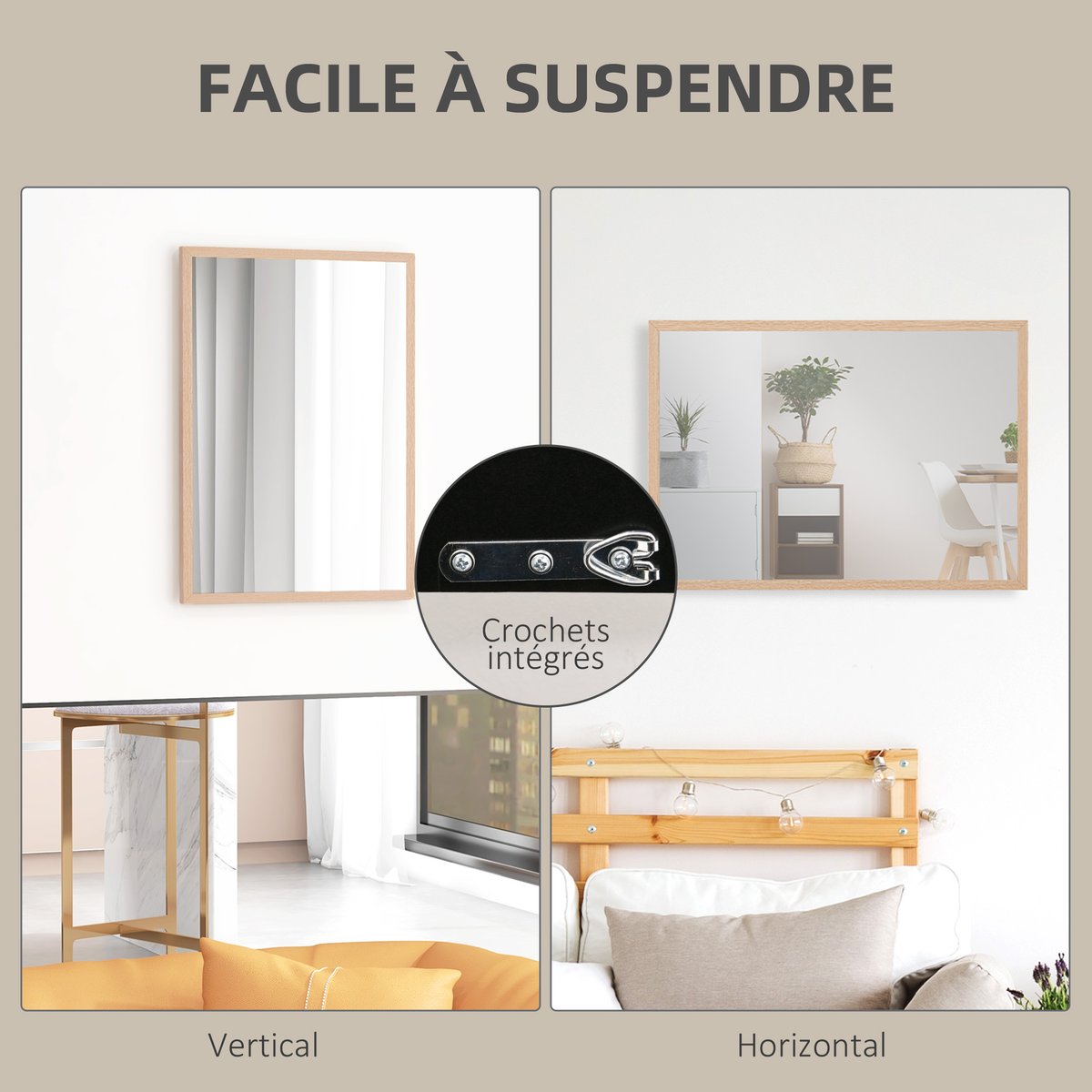 Miroir mural Verre Blanc beige, HOMCOM