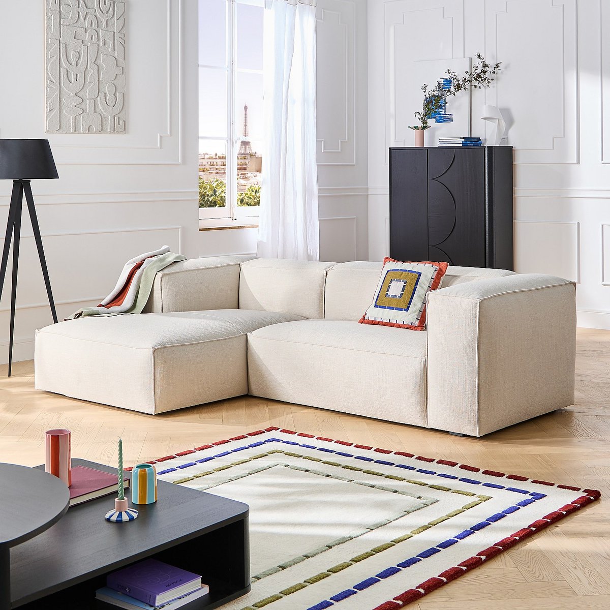 Canapé d'angle en tissu bouclette courte EDWIN ivoire, HABITAT