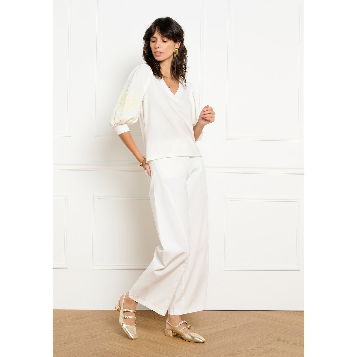 Blouse manches brodées blanc casse, LOLALIZA
