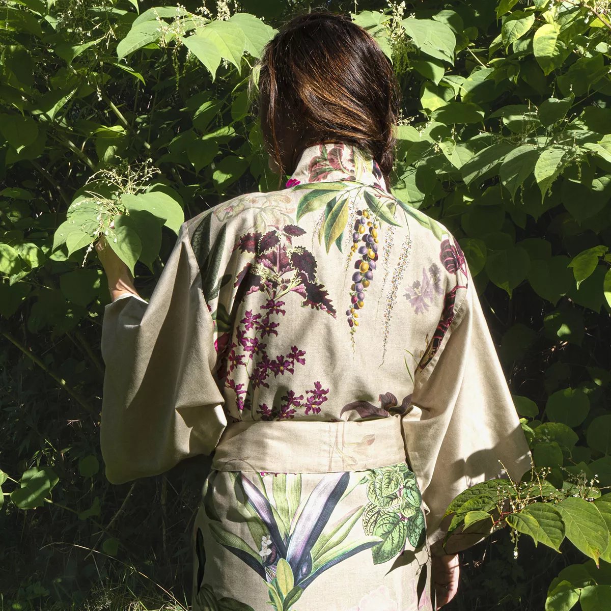 Kimono long satin de coton PARFUM D'ORCHIDEE grege, GARNIER THIEBAUT