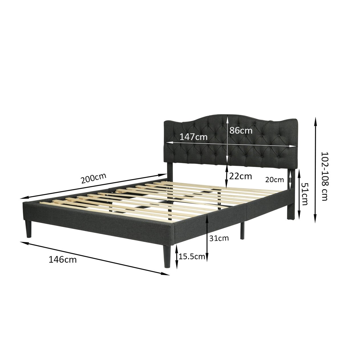 Lit double capitonné sans matelas sans rangement, LEON gris, MEUBLES COSY