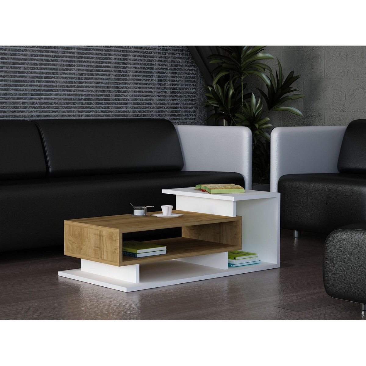 Table basse 1 niche de rangement et 1 étagère design scandinave SPRING blanc, TOILINUX