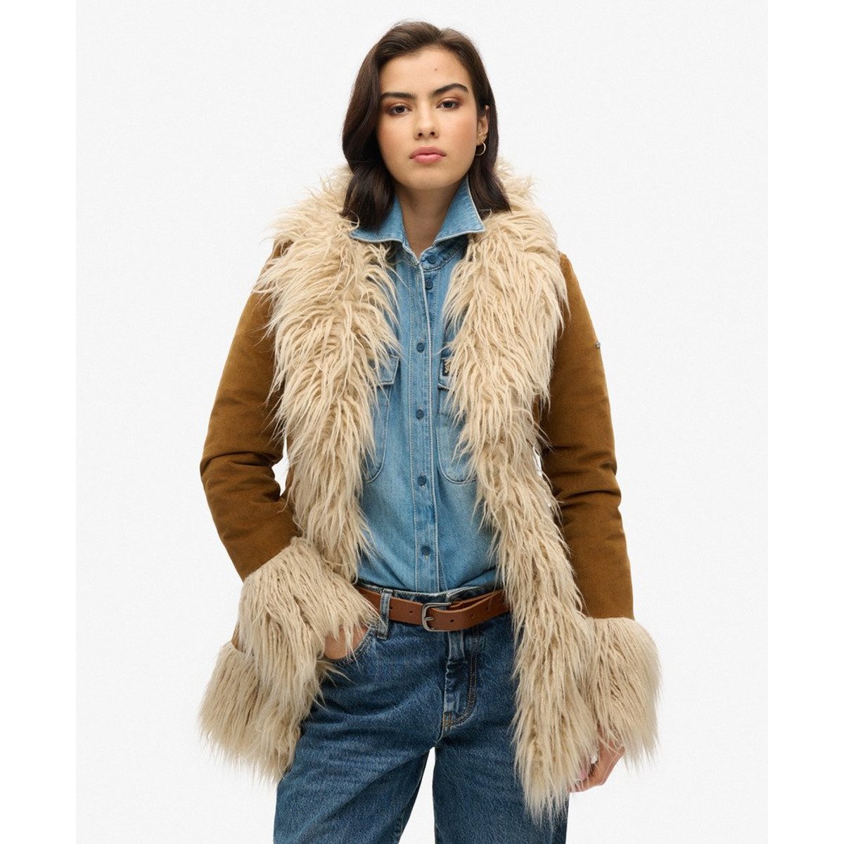 Manteau afghan avec doublure en imitation fourrure marron denim co tobacco, SUPERDRY
